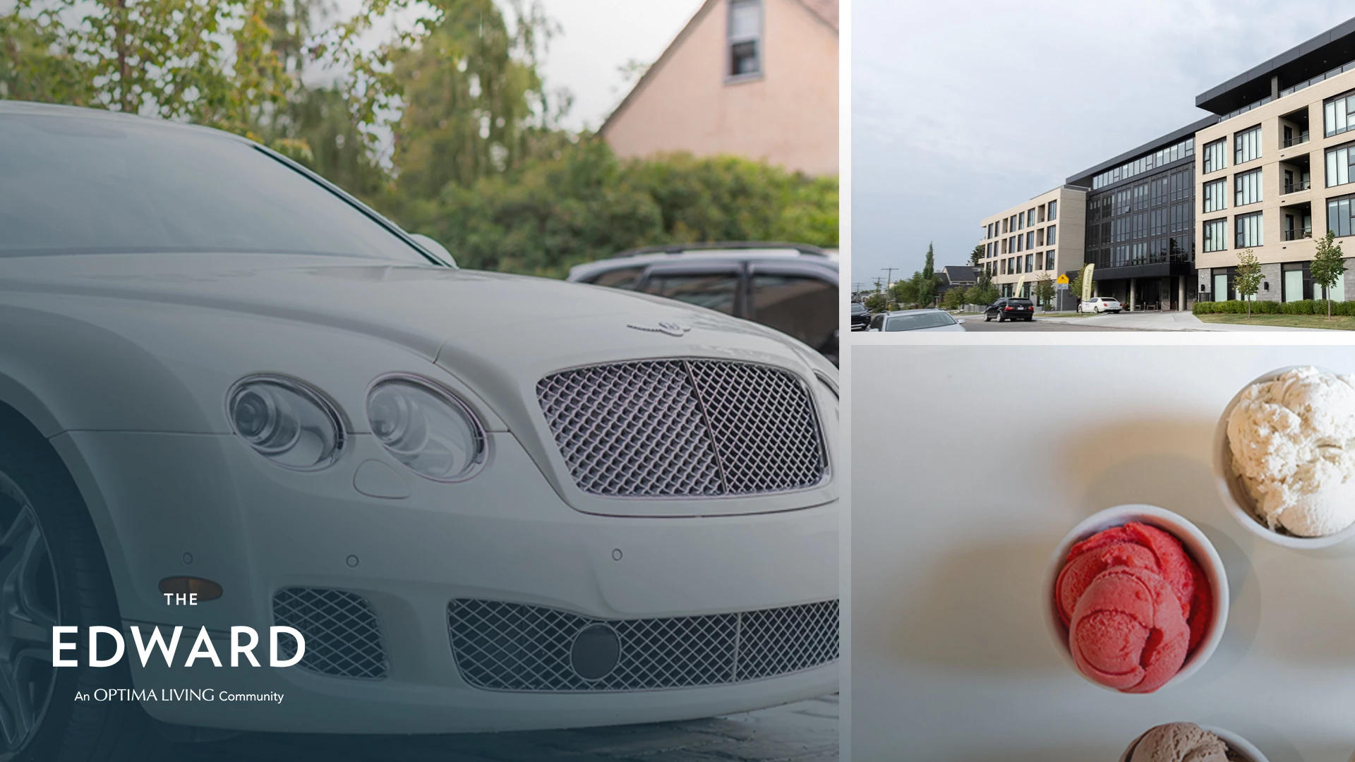 collage of bently front end, the edward, and ice cream